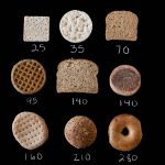 Black background with 9 different breads laid out with calorie values
