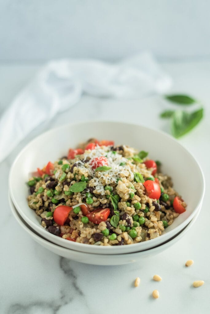 Rice and beans in a white bowl