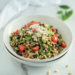 Close up of a white bowl filled with rice and beans