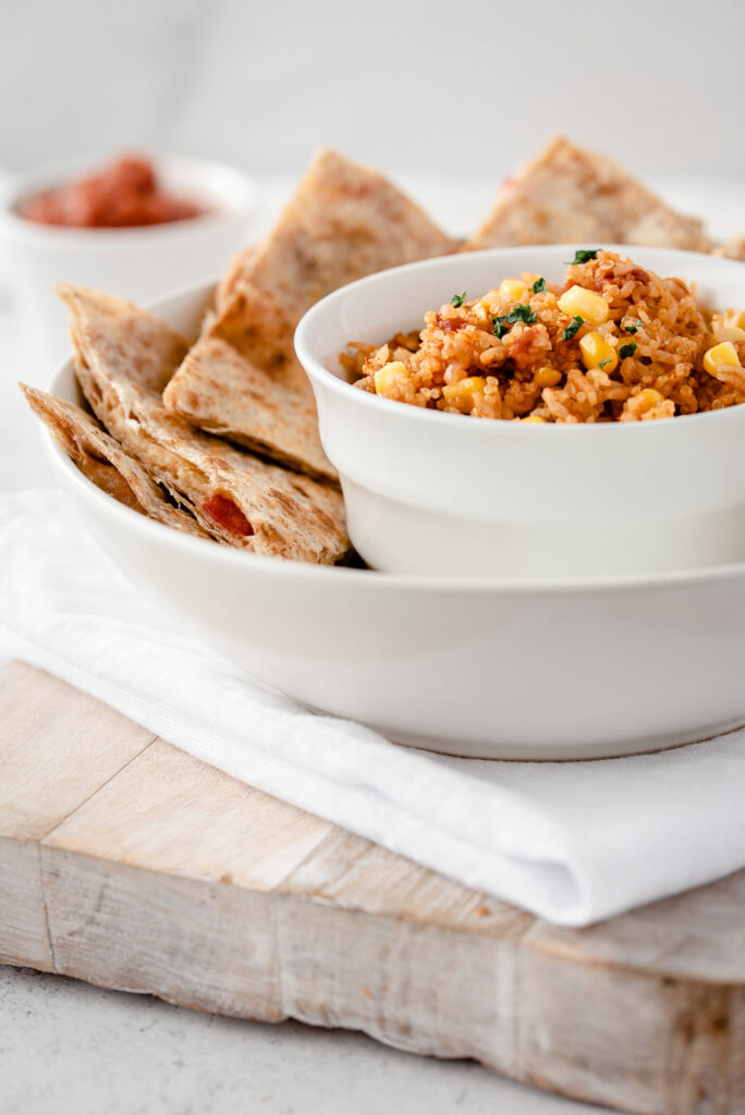 bowl of quesadillas and rice