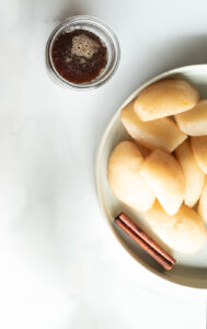 Top down view of plate of pears