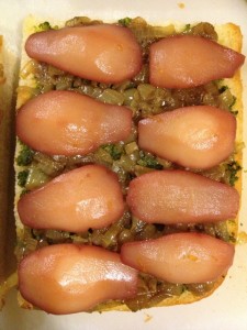Focaccia with pesto and poached pears