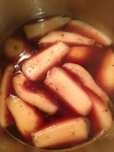 Poaching pears in red wine