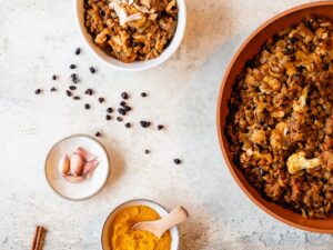 Top down view of bowls with lentils, garlic and turmeric