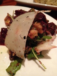 Beet salad with walnuts and arugula pesto.