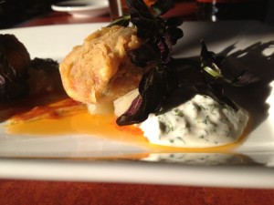 Red lentil croquettes with coriander-lime yogurt