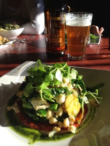 Vegetables served on a bed of sriracha