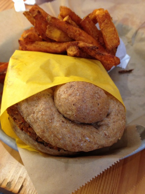 Fiamma Burger veggie burger and sweet potato fries