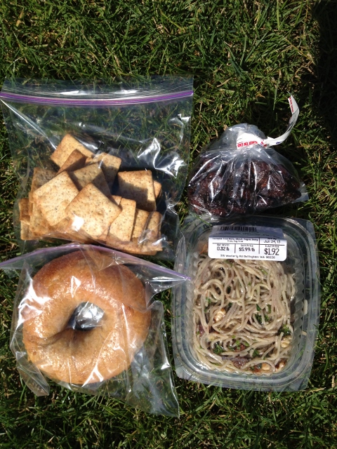 Whole grain bagel, whole wheat crackers, dried cherries, pasta salad