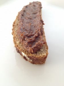 Homemade Nutella spread on a piece of whole wheat bread