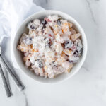 Top down view of a bowl of ambrosia salad