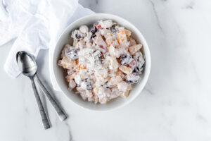 Top down view of a bowl of ambrosia salad