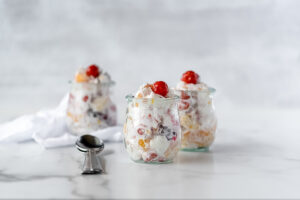 Three small jars of ambrosia salad