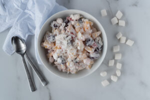 Top down view of bowl filled with ambrosia salad