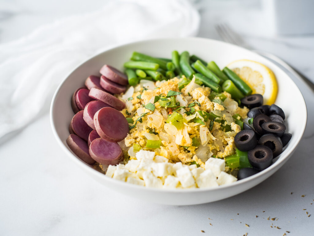 Bowl of scrambled tofu and veggies