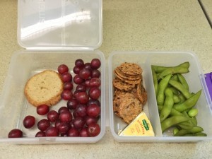 Edamame, grapes, crackers, cheese, shortbread cookie bento lunch
