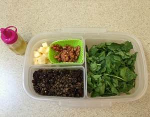Lentil, raisin, spinach, candied walnut, white cheddar salad bento lunch