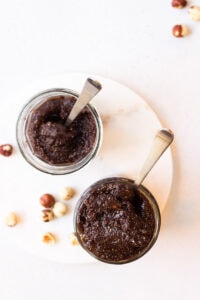 Top down view of two jars of homemade nutella