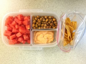 Watermelon, roasted chickpeas, hummus, tortilla chips bento lunch