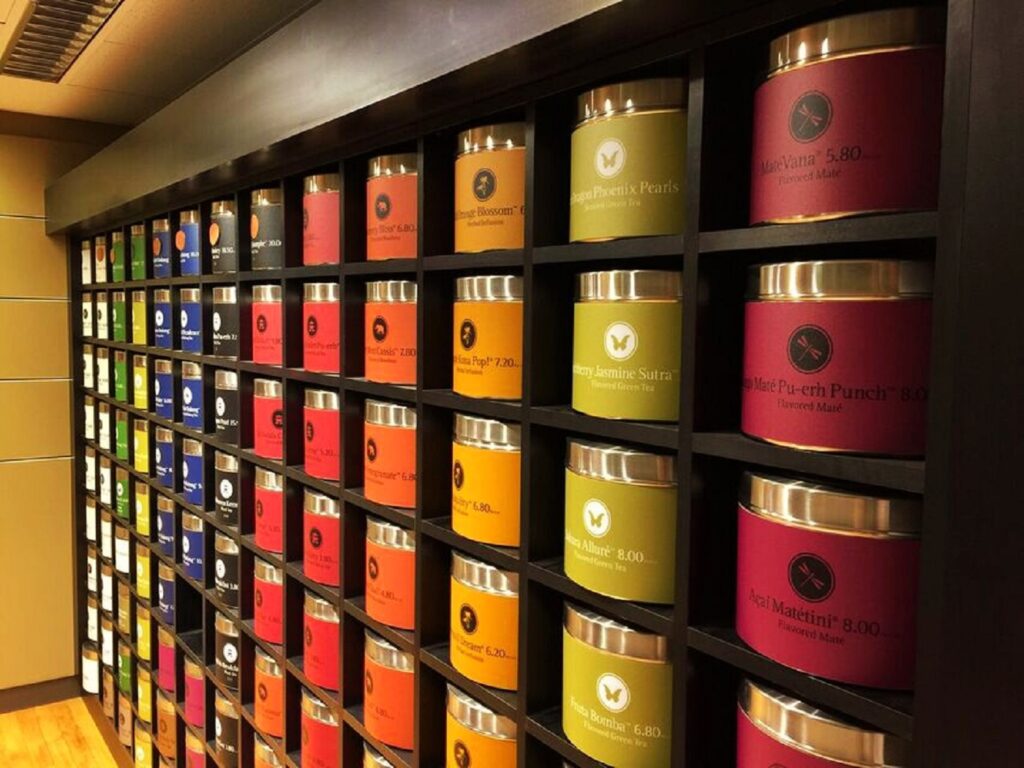 Wall filled with colorful tea tins