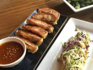 Gyoza and rice cakes on rectangular plates