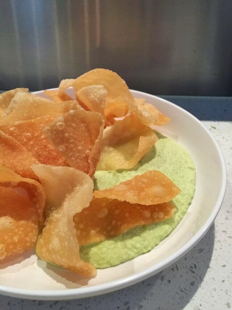 Edamame Puree with Wonton Chips at Bellevue Blue C Sushi