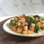 tempeh broccoli skillet with cheesy ale sauce close up