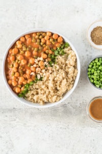 Top down view of a bowl of quinoa and garbanzo beans