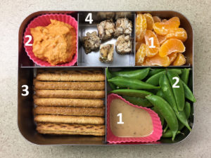Pretzels and peas bento with protein values