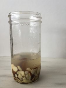 Mason jar with almonds, dates, vanilla bean and water