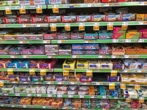 Grocery shelf filled with nutrition bars