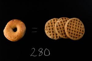 A whole wheat bagel and three whole grain frozen waffles on a black background with the number 280 written below them