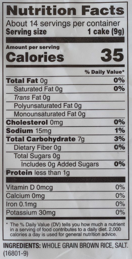 Nutrition facts label in new format for rice cakes
