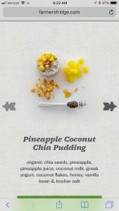 Display from Farmers Fridge vending machine of Pineapple Coconut Chia Pudding ingredients