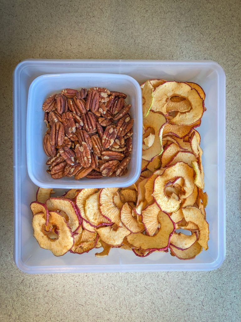 Plastic container with toasted pecans and apple chips