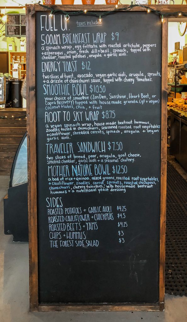 Tall chalkboard with Fuel + Forest Menu