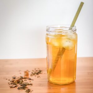 Glass of iced tea with bamboo straw