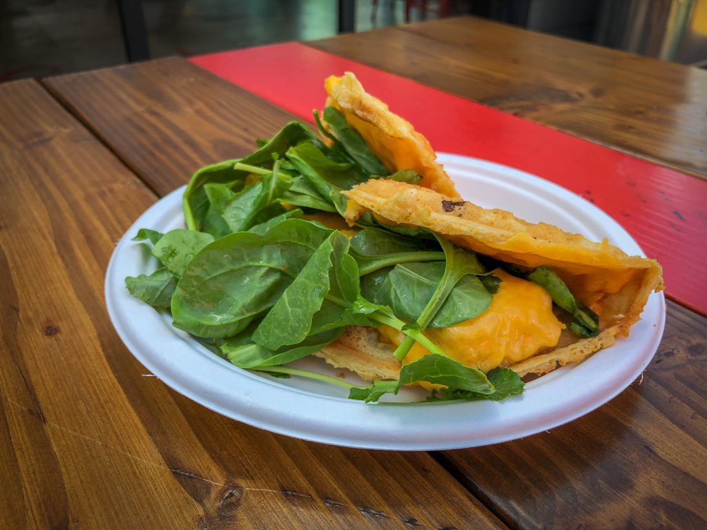 Waffle filled with tofu, cheese and spinach