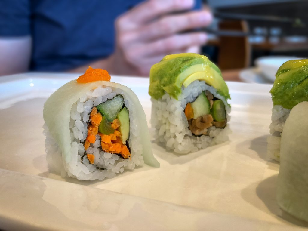 Close up of two sushi rolls