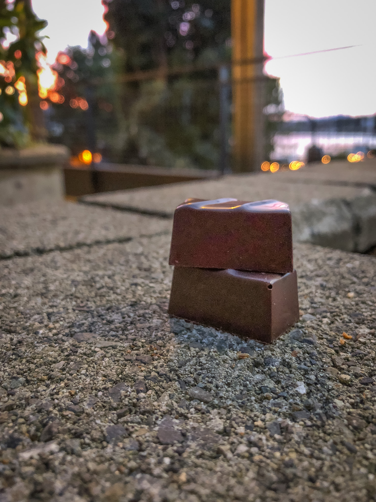 Two chocolate caramels stacked on top of each other