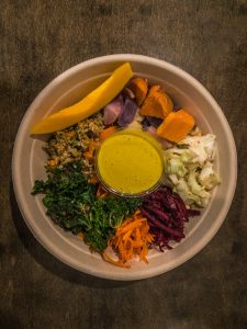 Overhead shot of a bowl filled with veggies