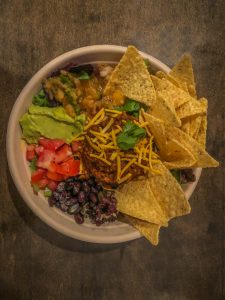 Bowl of taco salad with tortilla chips