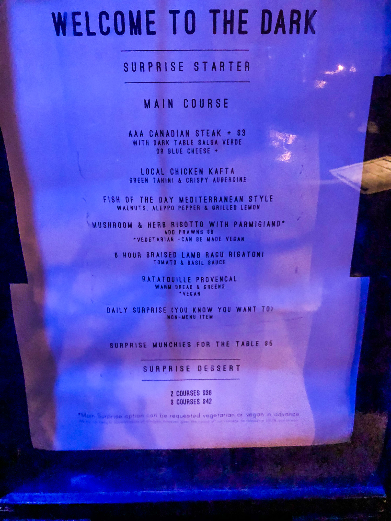 Picture of a menu in a glass case