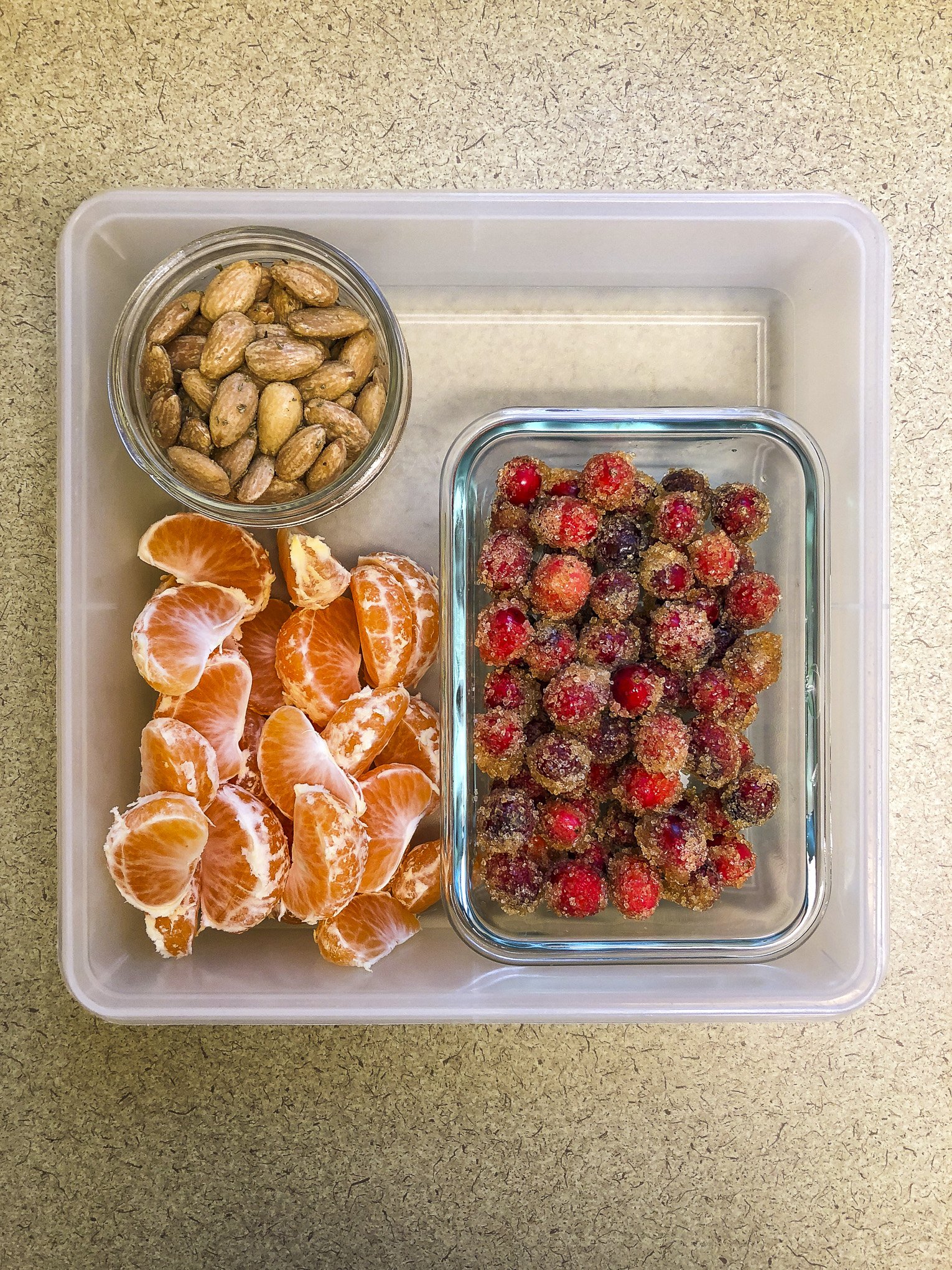 Tupperware filled with candied cranberries, almonds, and orange segments