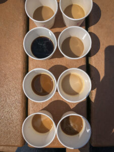 Top down shot of paper cups filled with coffee