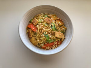Bowl of yakisoba noodles and veggies