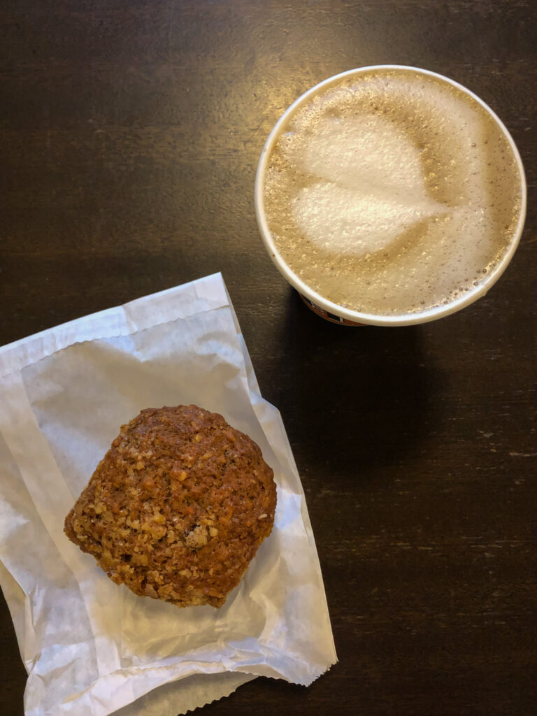 Top view of a cup of coffee and a muffin