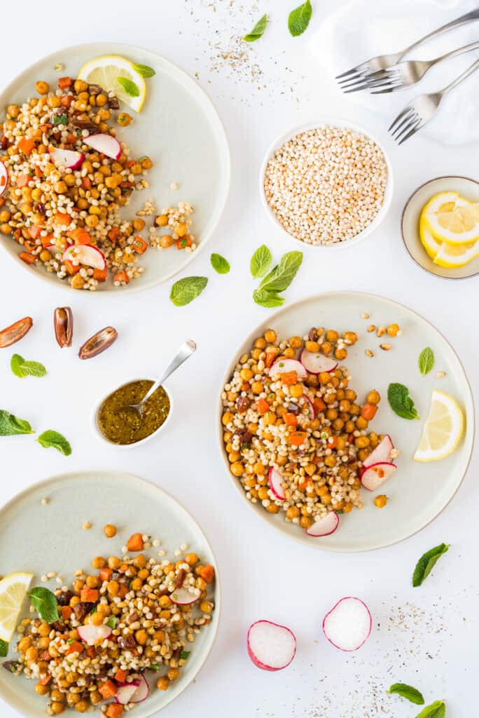 Three plates of garbanzo bean salad