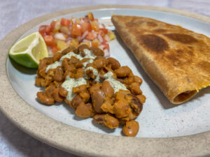 Plate with beans, salsa and quesadilla