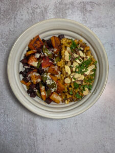 Bowl of roasted veggies and grains